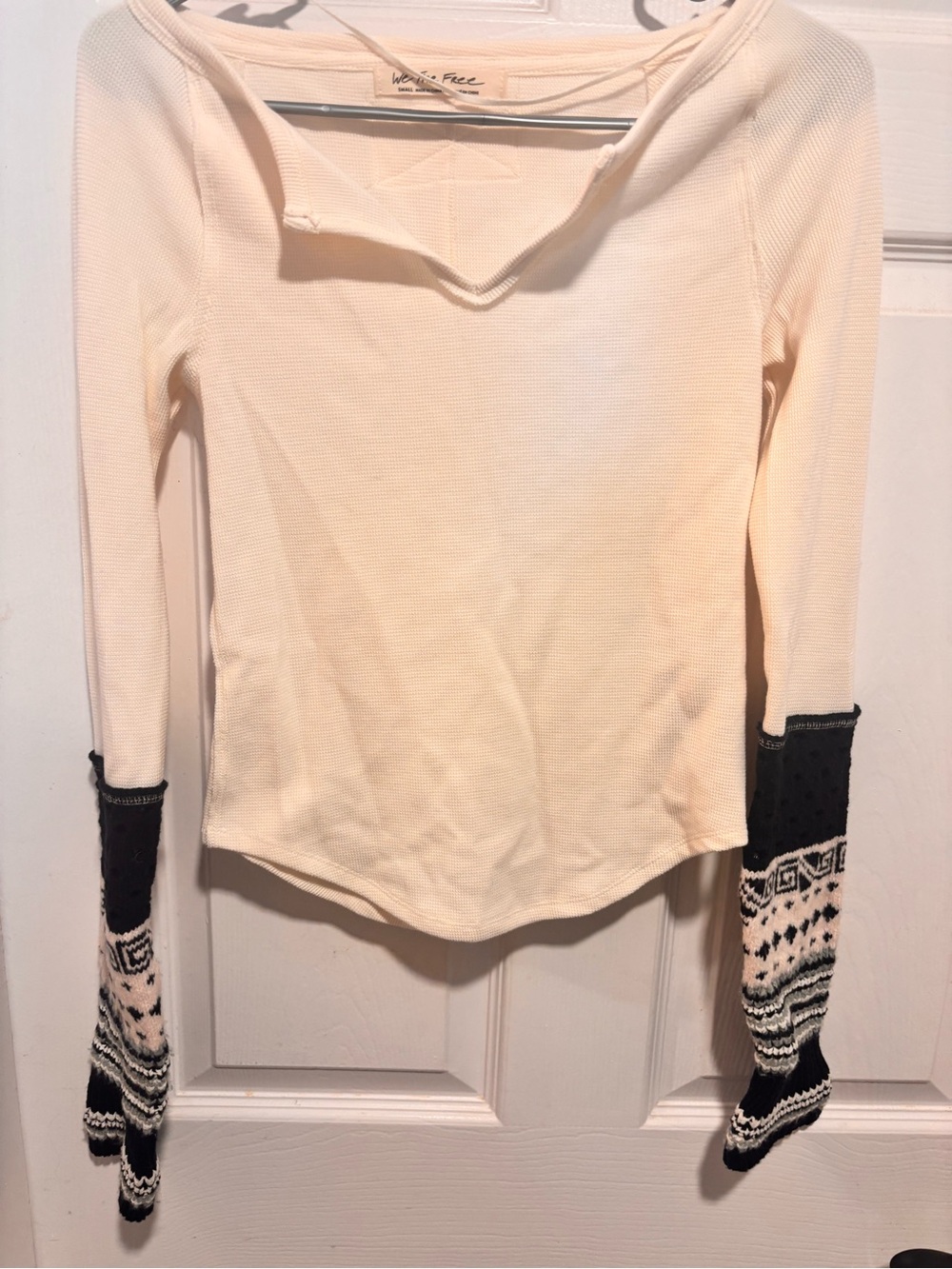 We The Free Cream Thermal Top with Black Patterned Sleeves